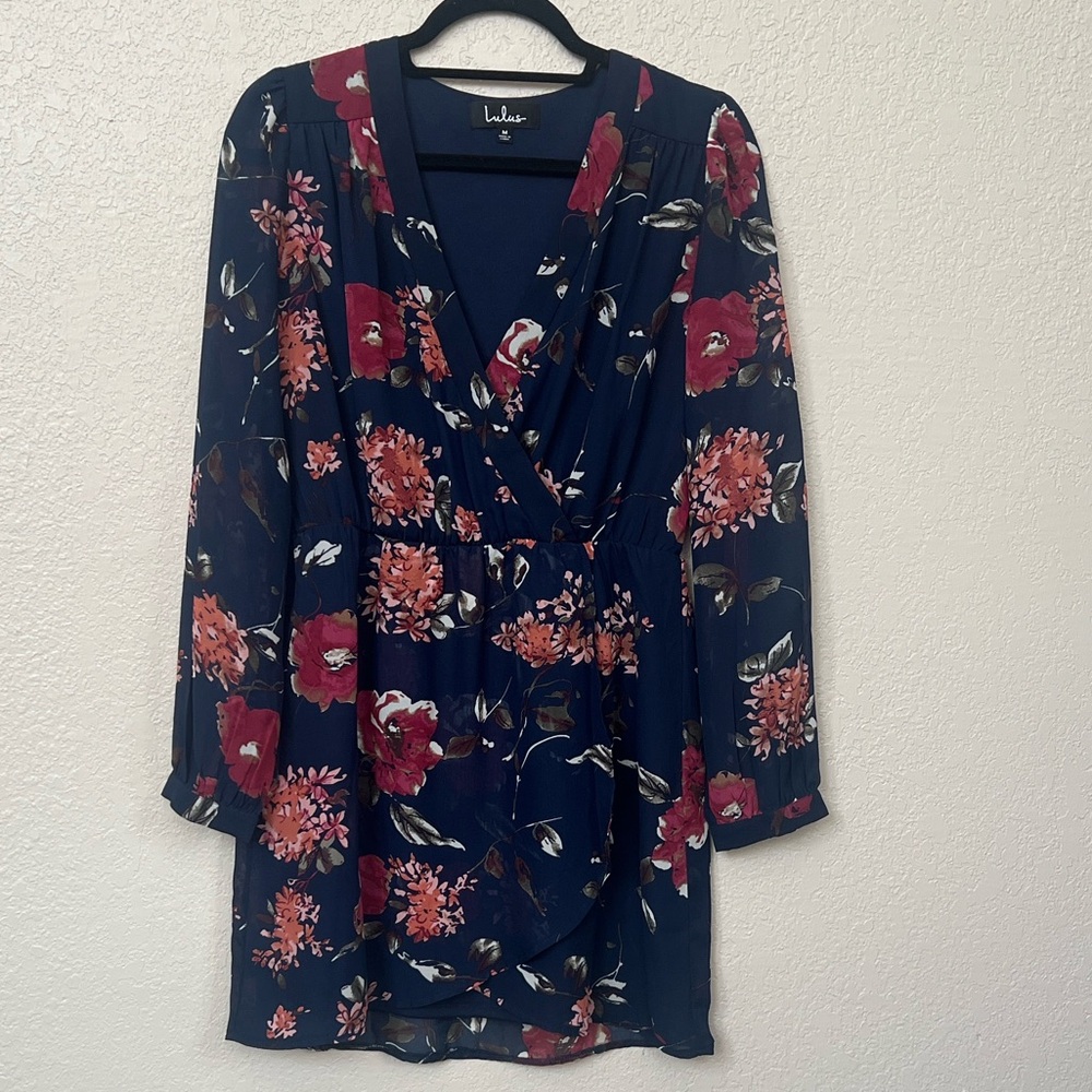 Lulu's Navy and Red Floral Long Sleeve Dress